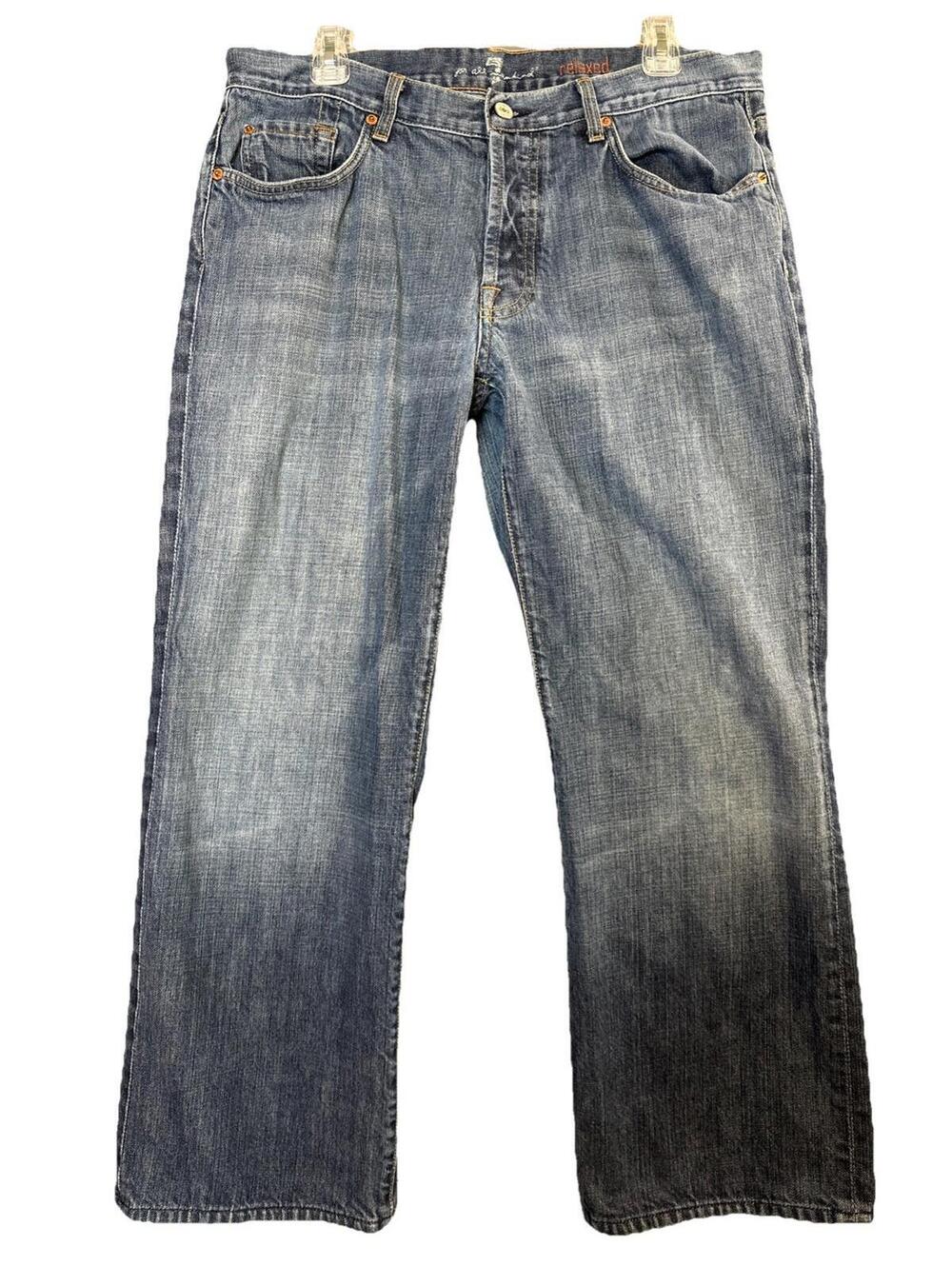 7 For All Mankind Relaxed Jeans Mens 36 Blue Button Fly Straight Leg Distressed